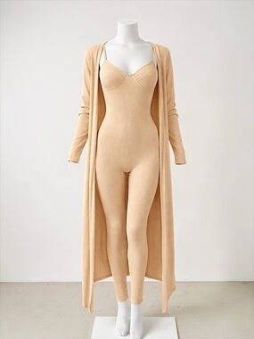 Ribbed Nude Jumpsuit with Matching Duster